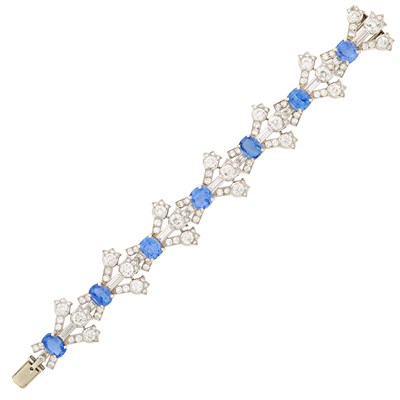 Lot 437 - Platinum, Gold, Sapphire and Diamond Bracelet and Pendant-Pin, Cartier