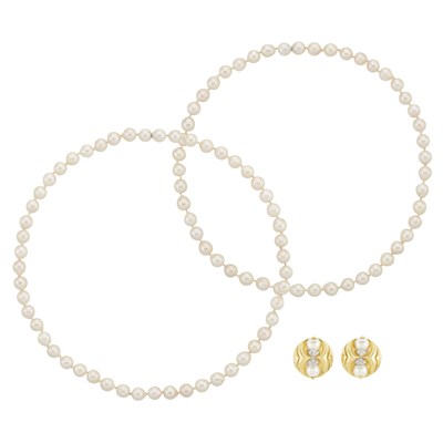 Lot 77 - Pair of Two-Color Gold, Cultured Pearl and Diamond Earclips and Two Strands of Cultured Pearls