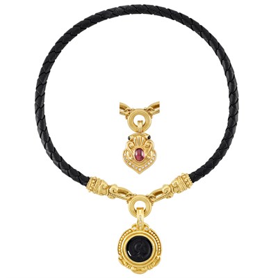 Lot 297 - One Gold, Gem-Set and Leather Necklace with Two Interchangeable Pendants