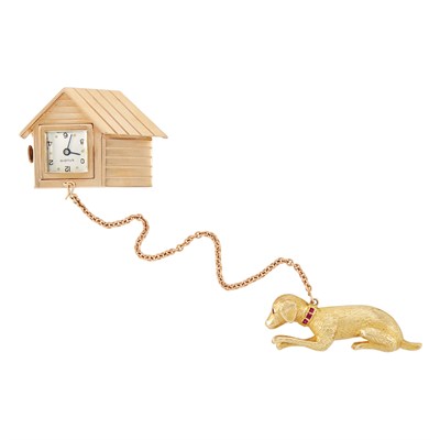 Lot 50 - Gold and Ruby Dog and Doghouse Lapel-Watch