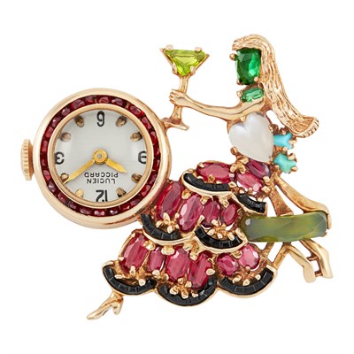 Lot 318 - Gold and Gem-Set Party Girl Lapel-Watch, Lucien Piccard