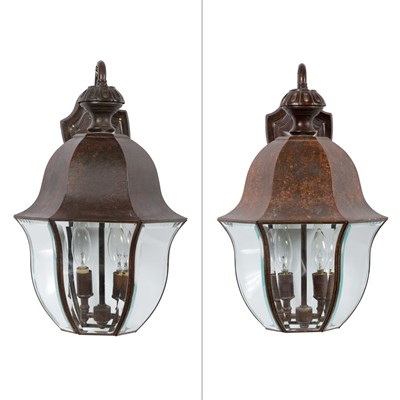 Lot 312 - Pair of Patinated Metal and Glass Wall Lights...