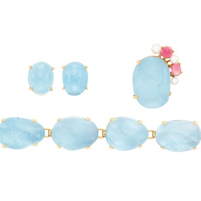 Lot 309 - Group of Gold, Cabochon Aquamarine and Pink Tourmaline and Cultured Pearl Jewelry