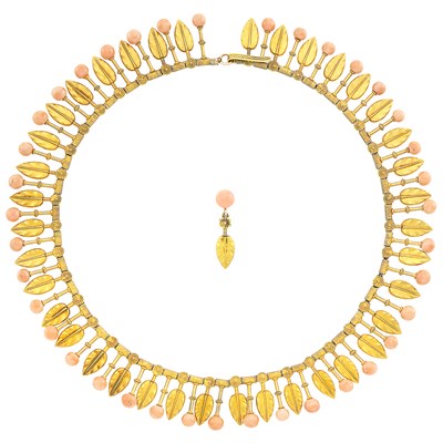 Lot 157 - Archaeological Revival Gold and Coral Bead Fringe Necklace and Single Earring
