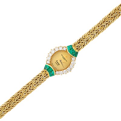 Lot 361 - Gold, Diamond and Emerald Braided Mesh Wristwatch, Baume & Mercier, Retailed by Asprey