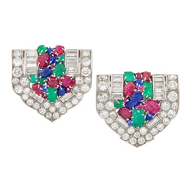 Lot 524 - Pair of Art Deco Platinum, Diamond and Carved Gem-Set 'Tutti Frutti' Clips, Van Cleef & Arpels, France