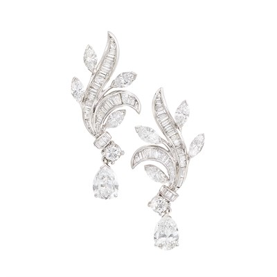 Lot 48 - Pair of Platinum and Diamond Pendant-Earclips