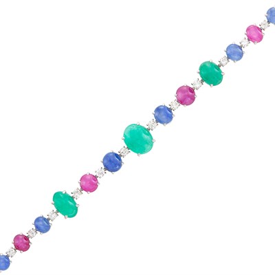 Lot 522 - Platinum, Cabochon Emerald, Star Ruby and Sapphire and Diamond Bracelet