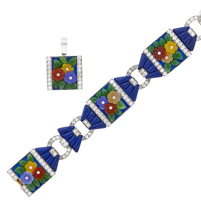 Lot 264 - White Gold, Platinum, Enamel, Lapis, Carved Glass and Diamond Bracelet and Pendant