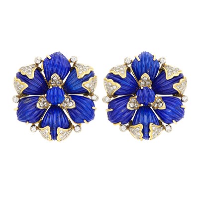 Lot 30 - Pair of Gold, Fluted Lapis and Diamond Earclips