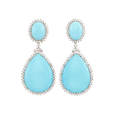 Lot 275 - Pair of White Gold, Turquoise and Diamond Pendant-Earclips