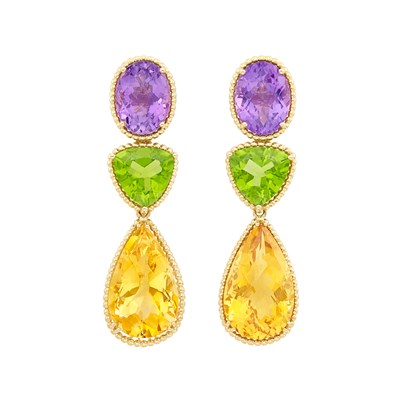 Lot 343 - Pair of Gold, Amethyst, Peridot and Citrine Pendant-Earclips