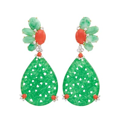 Lot 133 - Pair of Gold, Jade, Coral, White Sapphire, Diamond and Carved Green Agate Pendant-Earclips