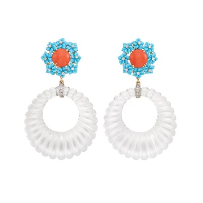 Lot 22 - Pair of Gold, Coral, Carved Turquoise, Diamond and Fluted Rock Crystal Hoop Pendant-Earclips
