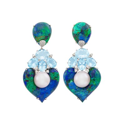Lot 213 - Pair of White Gold, Azurmalachite, Aquamarine, Diamond and Freshwater Pearl Pendant-Earclips