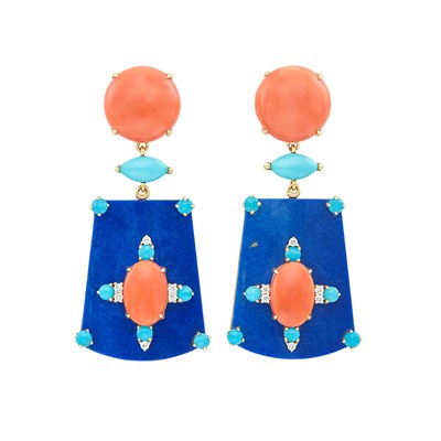 Lot 24 - Pair of Gold, Coral, Lapis, Diamond and Turquoise Pendant-Earclips