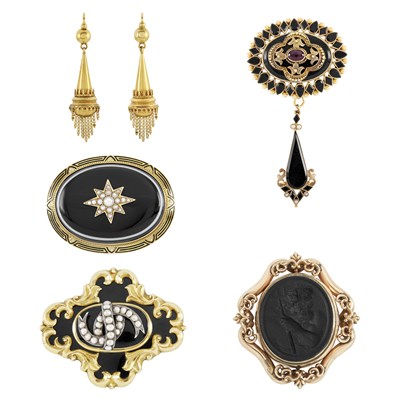 Lot 43 - Pair of Antique Gold and Gem-Set Earrings and Four Brooches