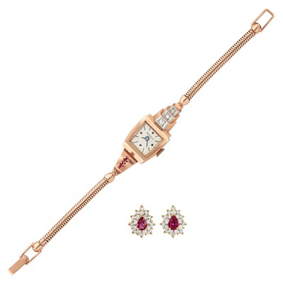Lot 319 - Retro Two-Color Gold, Ruby and Diamond Wristwatch, Bulova and Pair of Gold, Ruby and Diamond Earrings