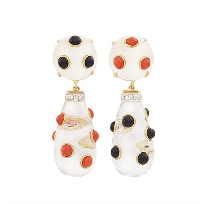 Lot 400 - Pair of Gold, Rock Crystal, Black Onyx, Coral and Diamond Pendant-Earclips