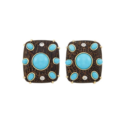 Lot 21 - Pair of Gold, Wood, Turquoise and Diamond Earclips