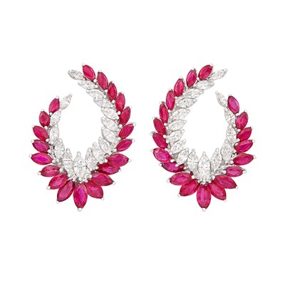 Lot 108 - Pair of White Gold, Ruby and Diamond Earrings