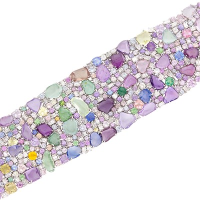 Lot 458 - Wide White Gold, Multicolored Sapphire and Diamond Bracelet