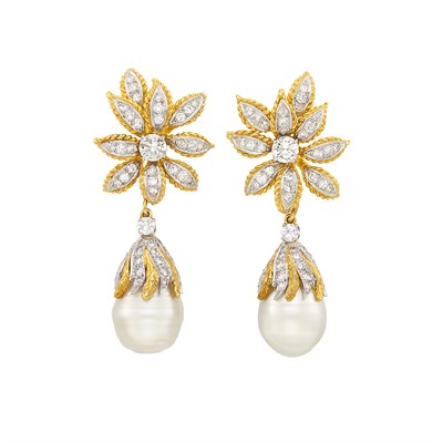Lot 425 - Pair of Gold, Platinum, Diamond and Semi-Baroque Cultured Pearl  Pendant-Earclips