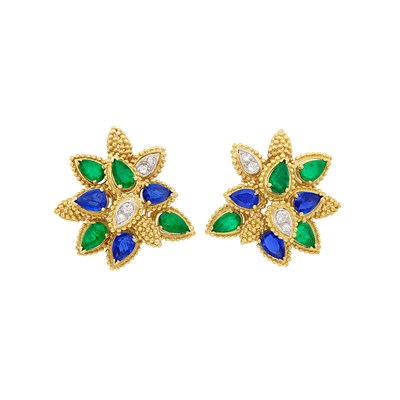 Lot 329 - Pair of Gold, Platinum, Sapphire, Emerald and Diamond Earclips