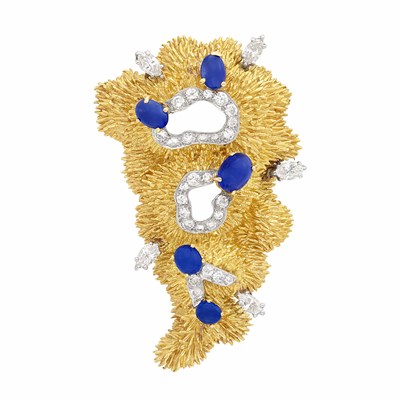 Lot 175 - Gold, Platinum, Diamond and Cabochon Sapphire Brooch