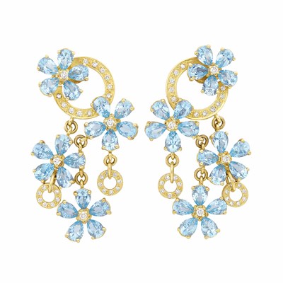 Lot 330 - Pair of Gold, Blue Topaz and Diamond Pendant-Earclips