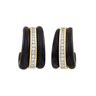 Lot 399 - Pair of Gold, Black Onyx and Diamond Hoop Earrings