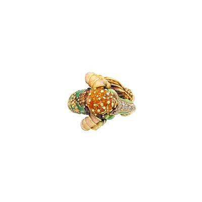 Lot 366 - Gold, Green Enamel and Diamond Ram's Head Ring, Frascarolo