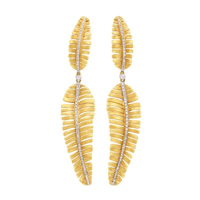 Lot 368 - Pair of Gold and Diamond Feather Pendant-Earclips