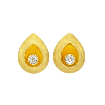 Lot 196 - Pair of Gold, Diamond and Yellow Guilloché Enamel Earclips