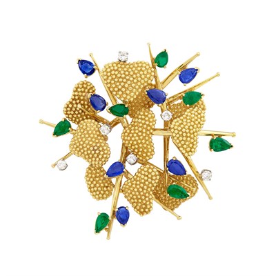 Lot 179 - Gold, Sapphire, Emerald and Diamond Brooch