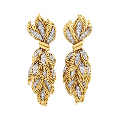 Lot 431 - Pair of Gold, Platinum and Diamond Pendant-Earclips