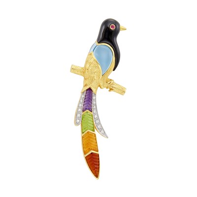 Lot 160 - Gold, Black Onyx, Cabochon and Carved Colored Stone and Diamond Bird Brooch