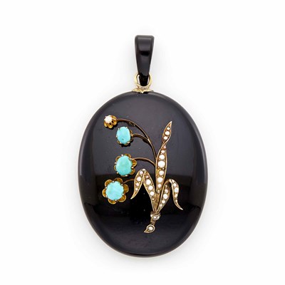 Lot 1668 - Gold, Enamel, Black Enamel, Split Pearl and Turquoise Portrait Pendant