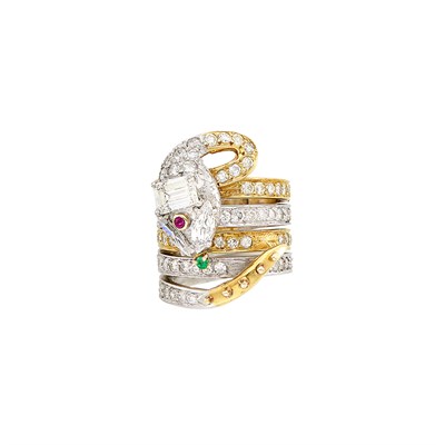 Lot 38 - Platinum, Gold, Diamond and Gem-Set Snake Ring