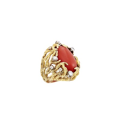 Lot 62 - Gold, Oxblood Coral and Diamond Ring