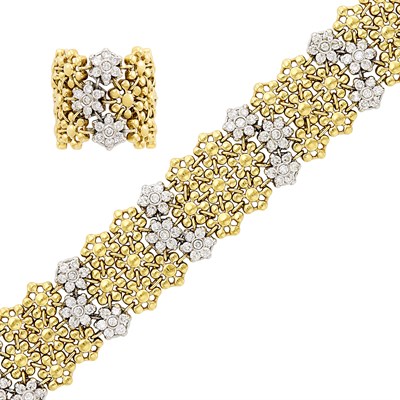 Lot 335 - Two-Color Gold and Diamond Floret Bracelet and Ring