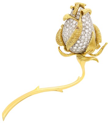 Lot 386 - Two-Color Gold and Diamond Rose Clip-Brooch