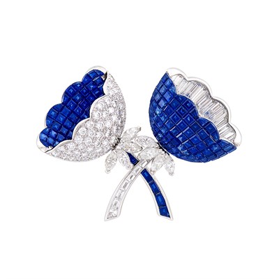 Lot 256 - Platinum, Invisibly-Set Sapphire and Diamond Flower Clip-Brooch