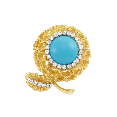 Lot 538 - Gold, Turquoise and Diamond Flower Clip-Brooch