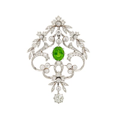Lot 248 - Platinum, Green Stone and Diamond Brooch