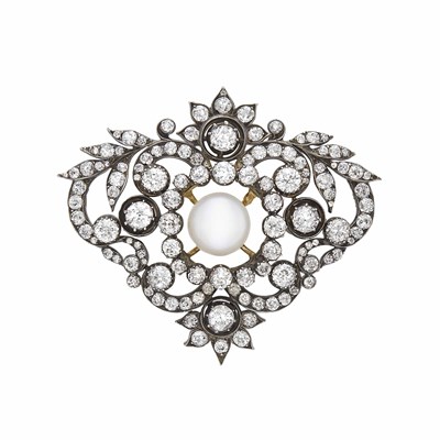 Lot 136 - Antique Silver, Gold, Cultured Pearl and Diamond Pendant-Brooch
