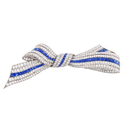 Lot 243 - Platinum, Synthetic Sapphire and Diamond Bow Brooch
