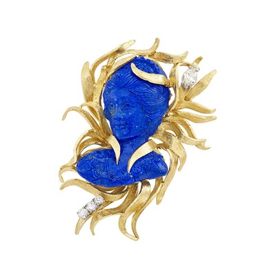 Lot 1330 - Gold, Lapis and Diamond Brooch