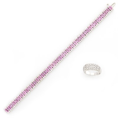 Lot 1538 - White Gold, Pink Sapphire and Diamond Straightline Bracelet and Diamond Ring