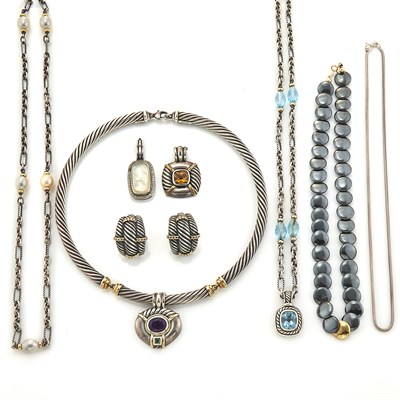Lot 1792 - Four Sterling Silver and Gold Necklaces, Pendant and Pair of Earrings, David Yurman, and Hematite Bead Necklace